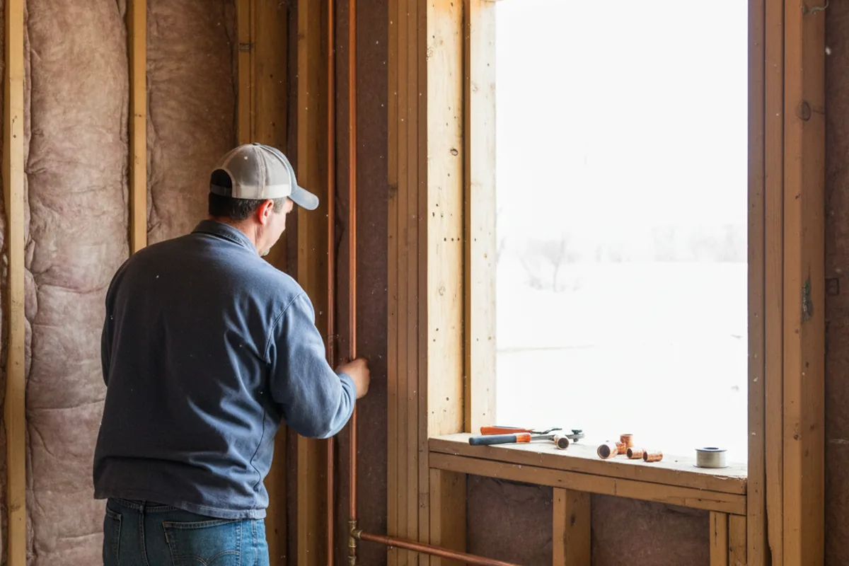 Licensed plumber running new copper supply lines in a Cherry Log home