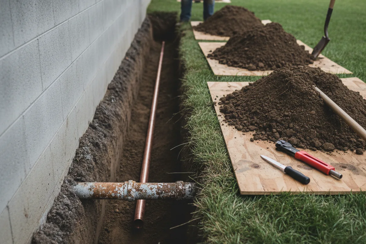 Excavated water line trench during Water Heater Repair in Cherry Log